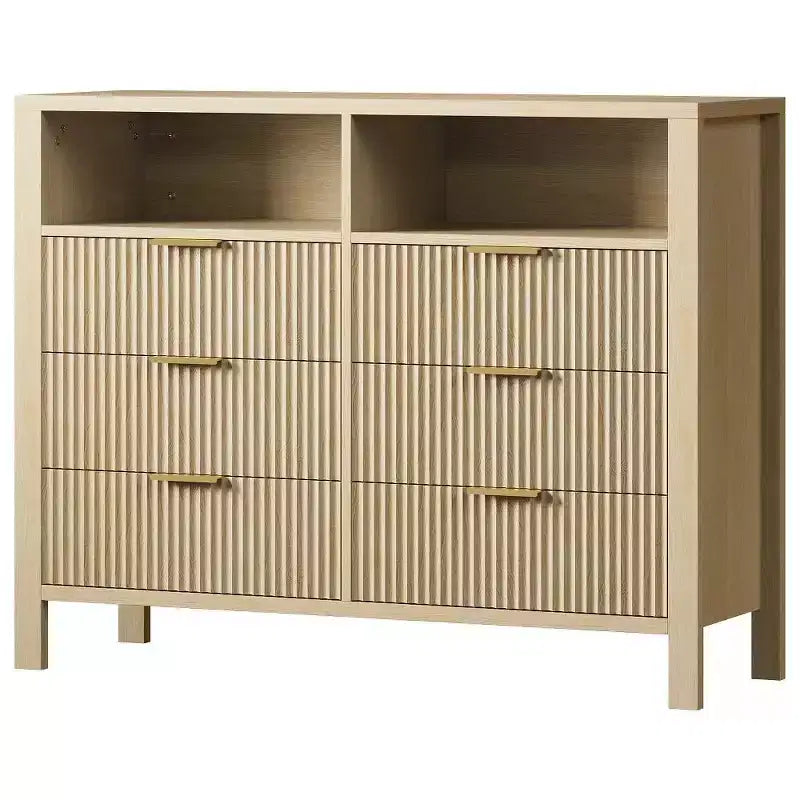 6 Drawer Dresser for Bedroom, Farmhouse Chest of Drawers with 2 Open Shelves and Fluted Doors, Home Storage and Organization for Living Room