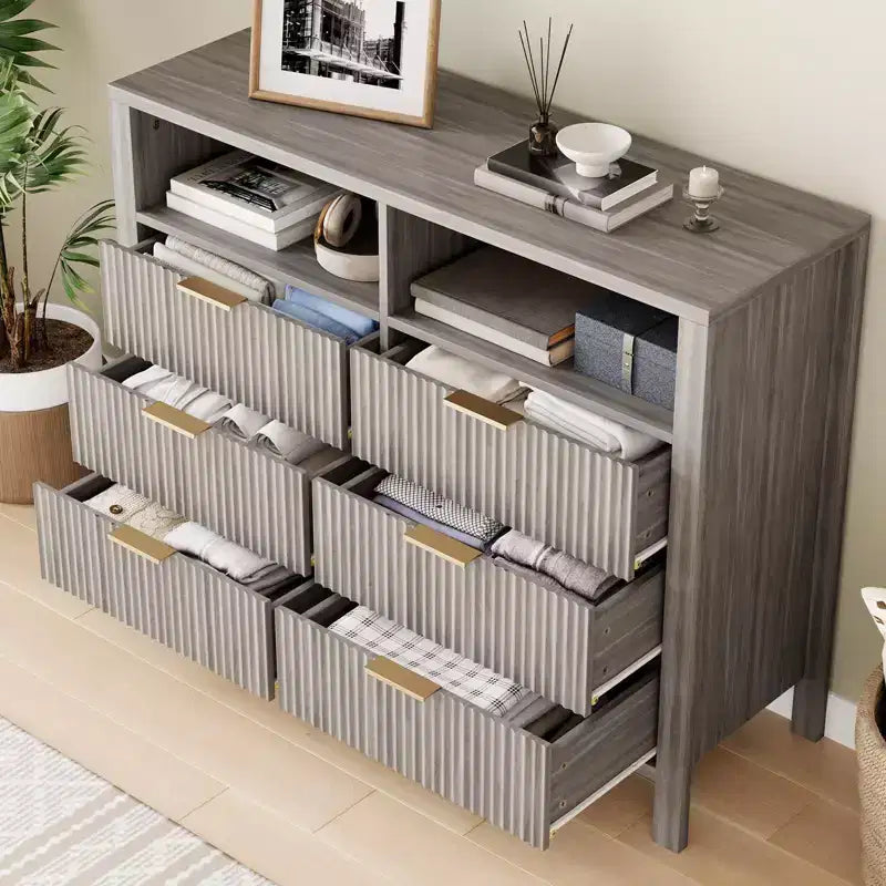 6 Drawer Dresser for Bedroom, Farmhouse Chest of Drawers with 2 Open Shelves and Fluted Doors, Home Storage and Organization for Living Room