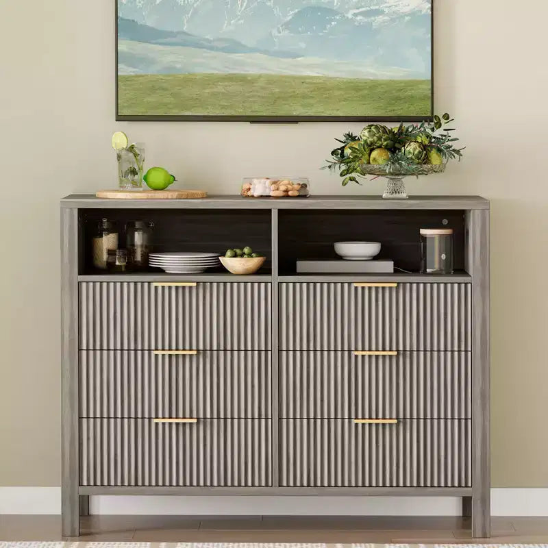 6 Drawer Dresser for Bedroom, Farmhouse Chest of Drawers with 2 Open Shelves and Fluted Doors, Home Storage and Organization for Living Room