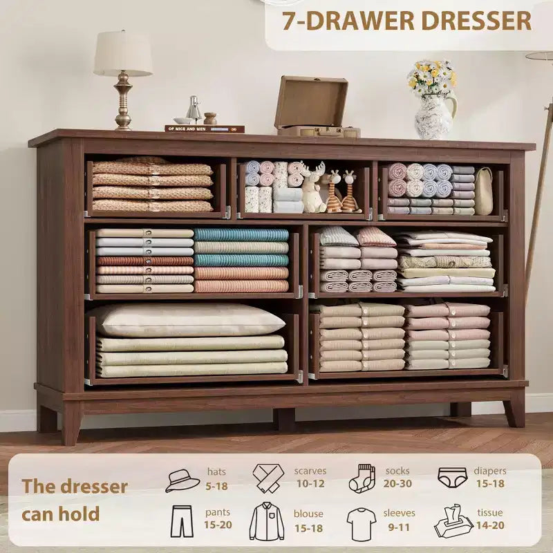 7 Dresser for Bedroom, 54 Wide Drawer Dresser with Storage Freestanding, Wooden Closet Storage Chest for Living Room, Bedroom, Entryway