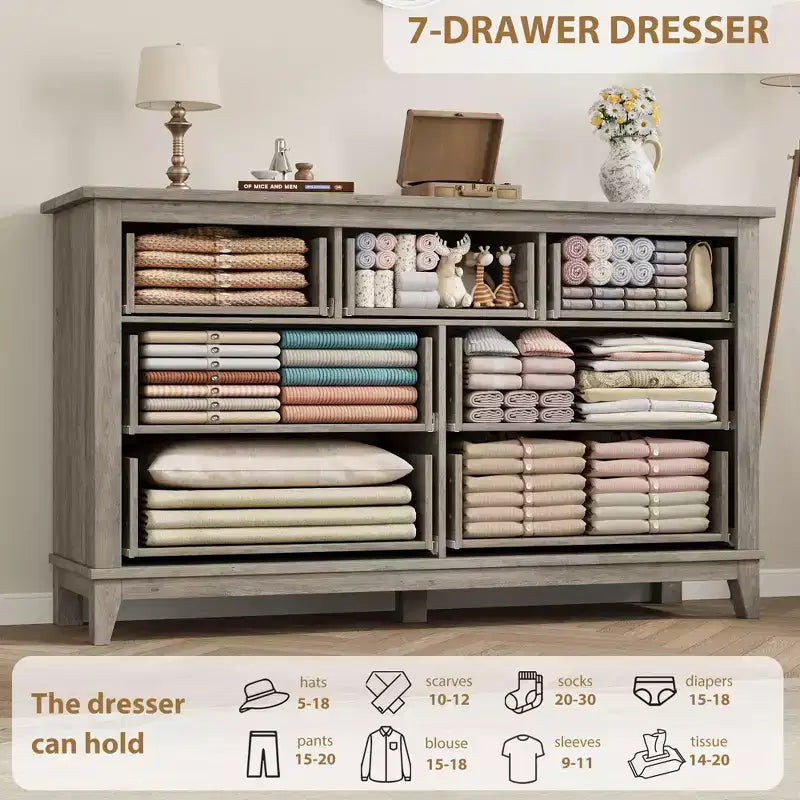 7 Dresser for Bedroom, 54 Wide Drawer Dresser with Storage Freestanding, Wooden Closet Storage Chest for Living Room, Bedroom, Entryway