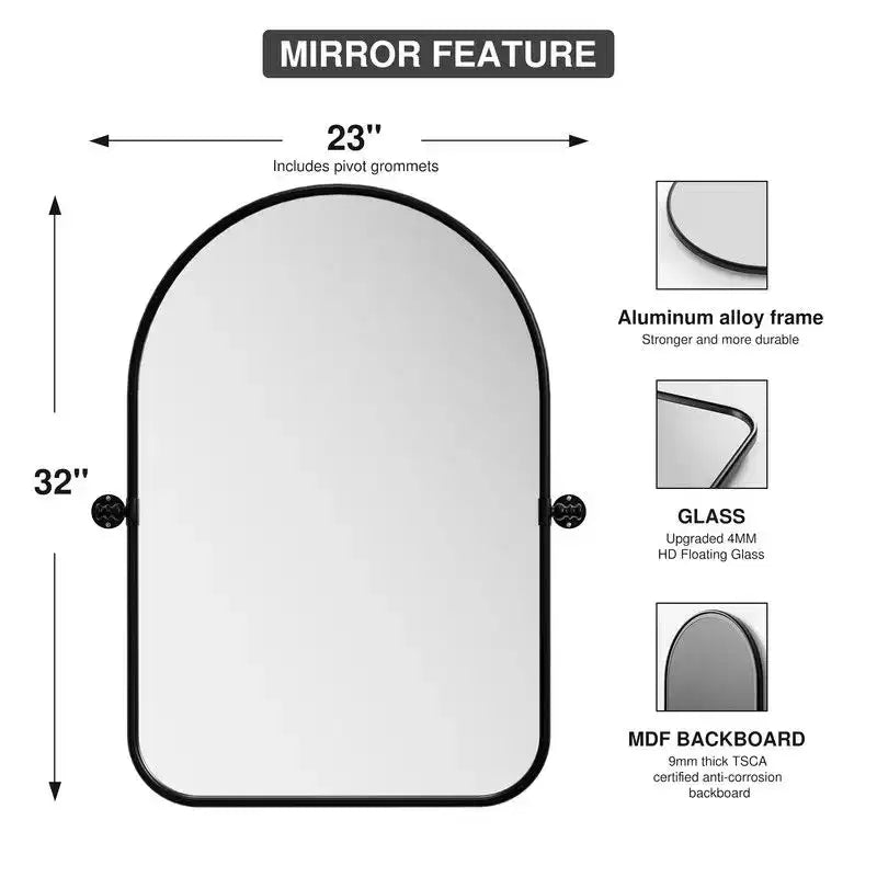 32 x 23 Iron Arched Black Pivot Wall Mirror, Tilting Bathroom Vanity Mirror, Metal Framed Adjustable for Bedroom, Living Room