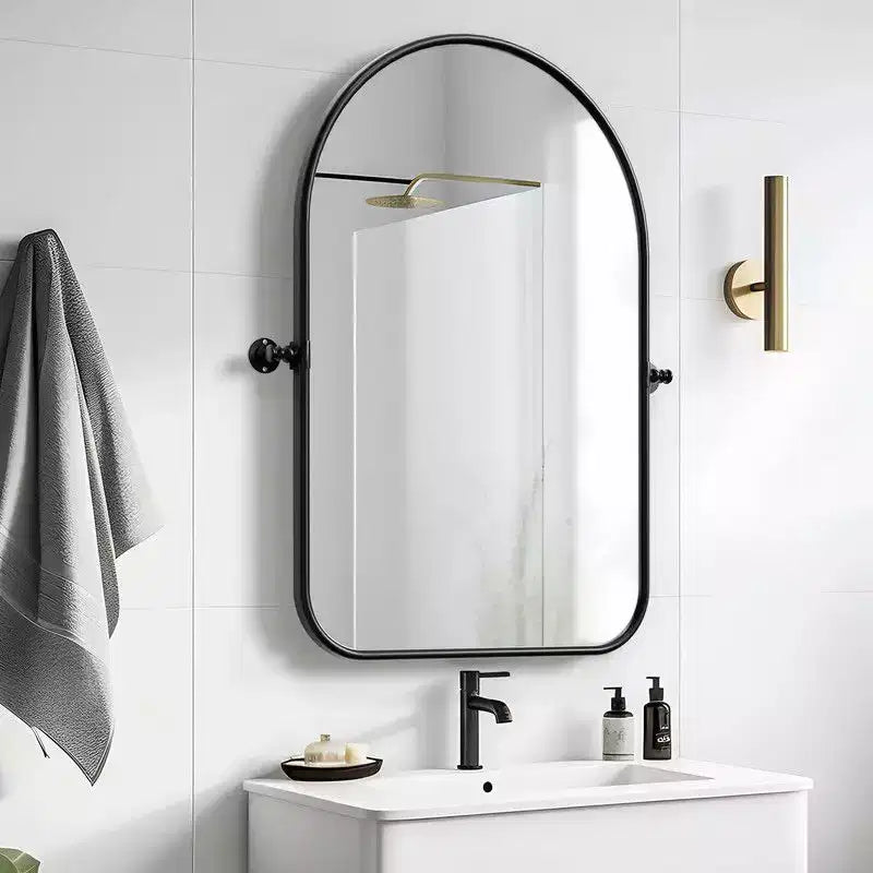 32 x 23 Iron Arched Black Pivot Wall Mirror, Tilting Bathroom Vanity Mirror, Metal Framed Adjustable for Bedroom, Living Room