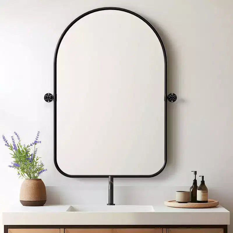 32 x 23 Iron Arched Black Pivot Wall Mirror, Tilting Bathroom Vanity Mirror, Metal Framed Adjustable for Bedroom, Living Room