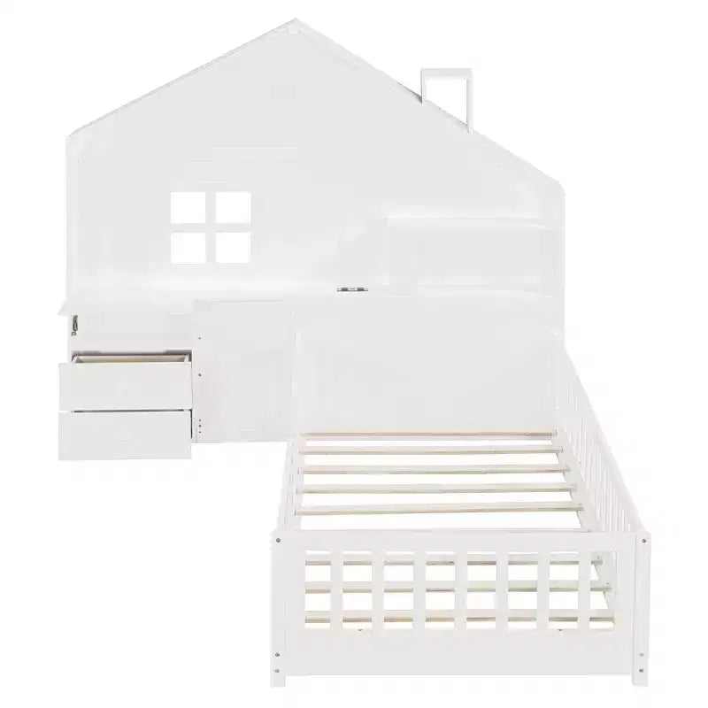 Twin Platform Bed with Storage Drawers, USB Charging Station & Windowed House Headboard