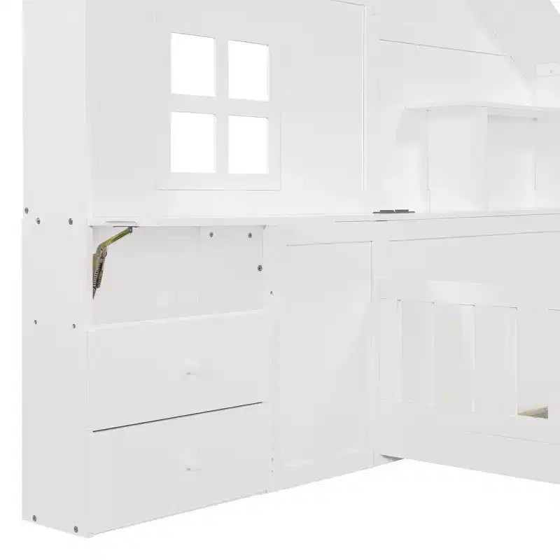 Twin Platform Bed with Storage Drawers, USB Charging Station & Windowed House Headboard