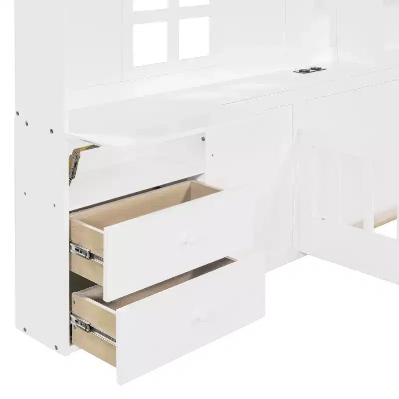 Twin Platform Bed with Storage Drawers, USB Charging Station & Windowed House Headboard