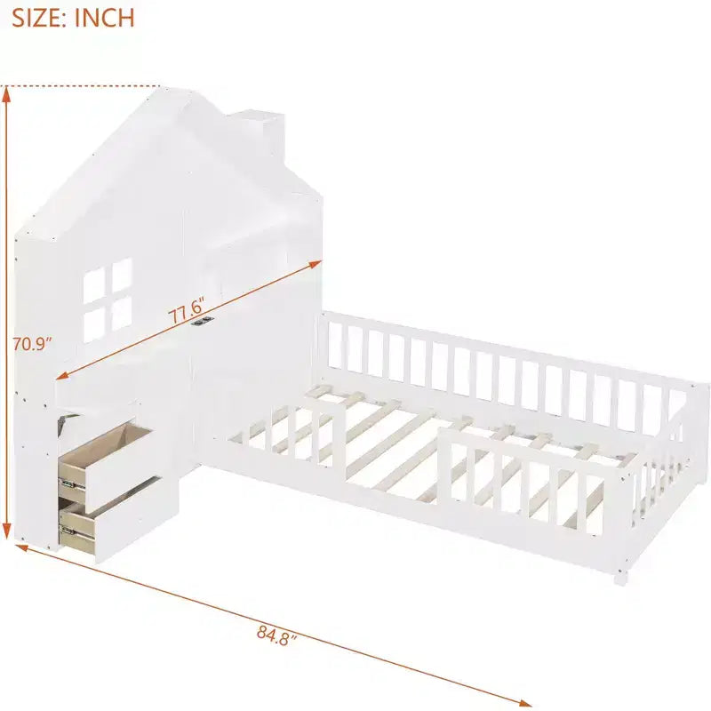 Twin Platform Bed with Storage Drawers, USB Charging Station & Windowed House Headboard