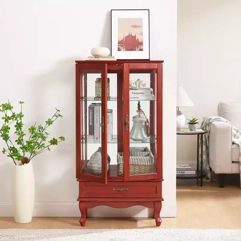 Lighted Corner Curio Cabinet with Tempered Glass Doors & Shelves - Elegant Cherry Display Case with Bulb for Living Room & Bedroom Decor