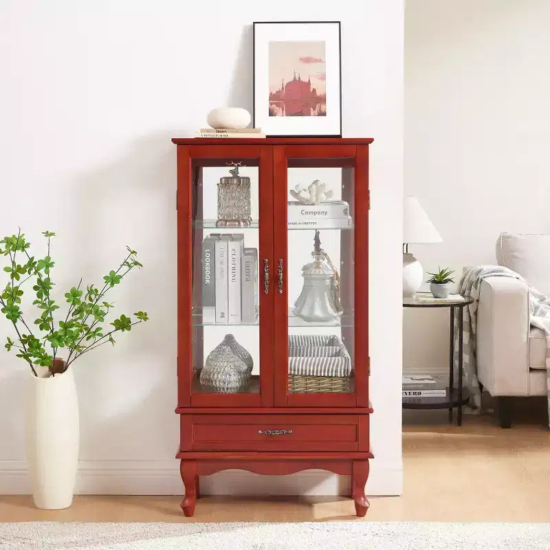 Lighted Corner Curio Cabinet with Tempered Glass Doors & Shelves - Elegant Cherry Display Case with Bulb for Living Room & Bedroom Decor
