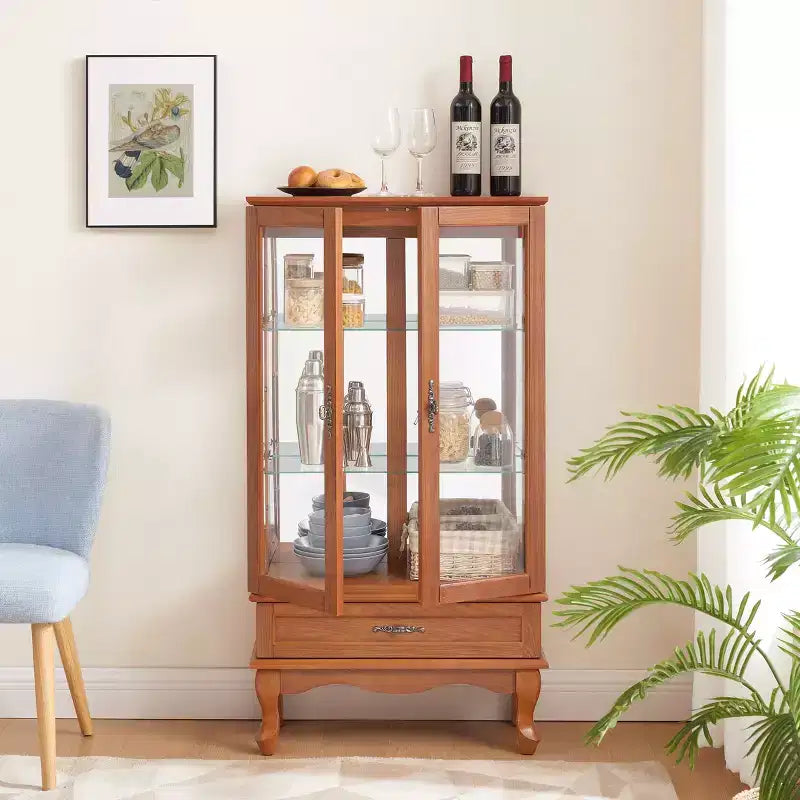 Lighted Corner Curio Cabinet with Tempered Glass Doors & Shelves - Elegant Cherry Display Case with Bulb for Living Room & Bedroom Decor