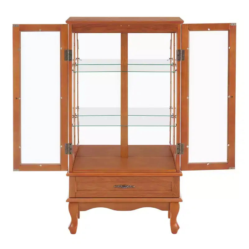 Lighted Corner Curio Cabinet with Tempered Glass Doors & Shelves - Elegant Cherry Display Case with Bulb for Living Room & Bedroom Decor