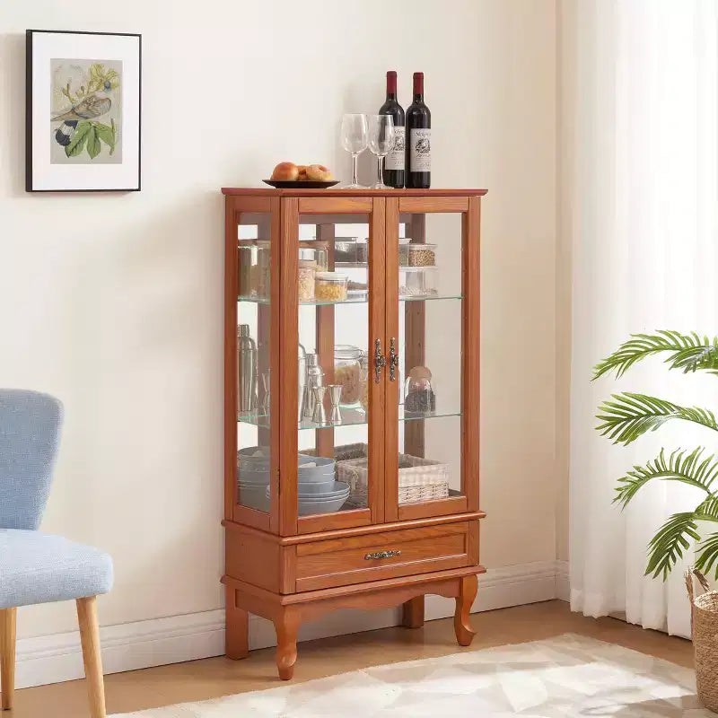 Lighted Corner Curio Cabinet with Tempered Glass Doors & Shelves - Elegant Cherry Display Case with Bulb for Living Room & Bedroom Decor