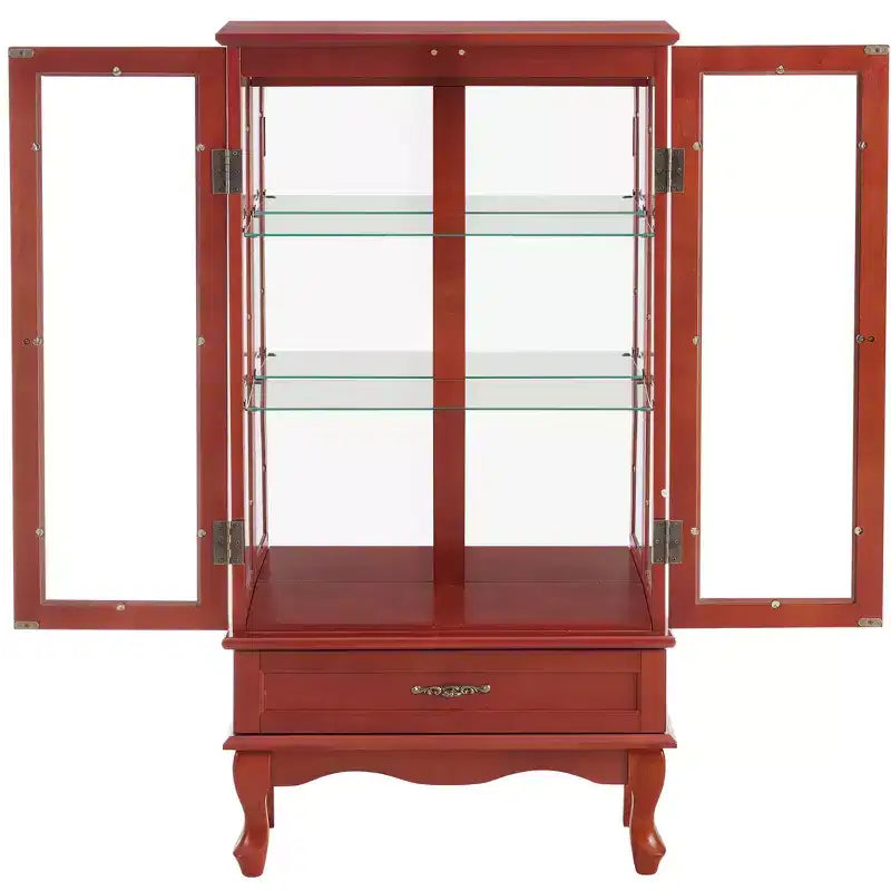 Lighted Corner Curio Cabinet with Tempered Glass Doors & Shelves - Elegant Cherry Display Case with Bulb for Living Room & Bedroom Decor