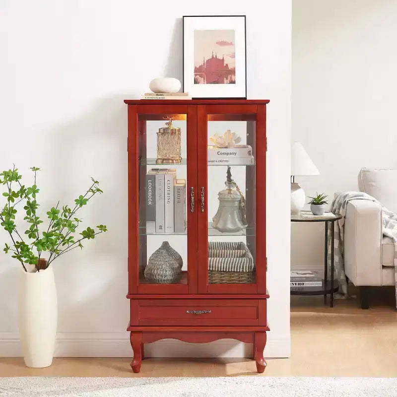 Lighted Corner Curio Cabinet with Tempered Glass Doors & Shelves - Elegant Cherry Display Case with Bulb for Living Room & Bedroom Decor