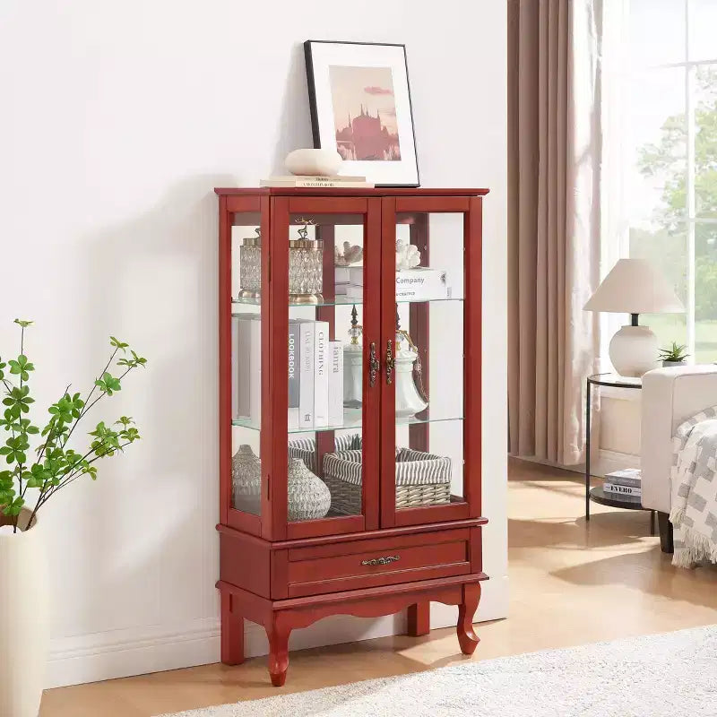 Lighted Corner Curio Cabinet with Tempered Glass Doors & Shelves - Elegant Cherry Display Case with Bulb for Living Room & Bedroom Decor