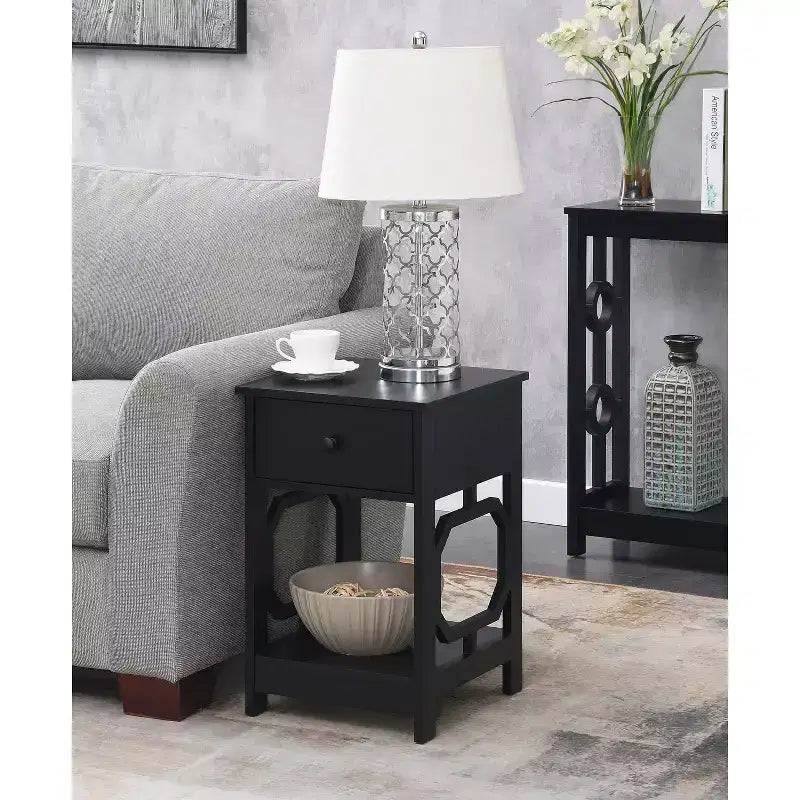 1-Drawer End Table with Octagon Side Design, Two-Tier Shelves, Stylish Accent Table for Bedroom Storage