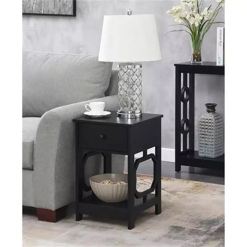 1-Drawer End Table with Octagon Side Design, Two-Tier Shelves, Stylish Accent Table for Bedroom Storage