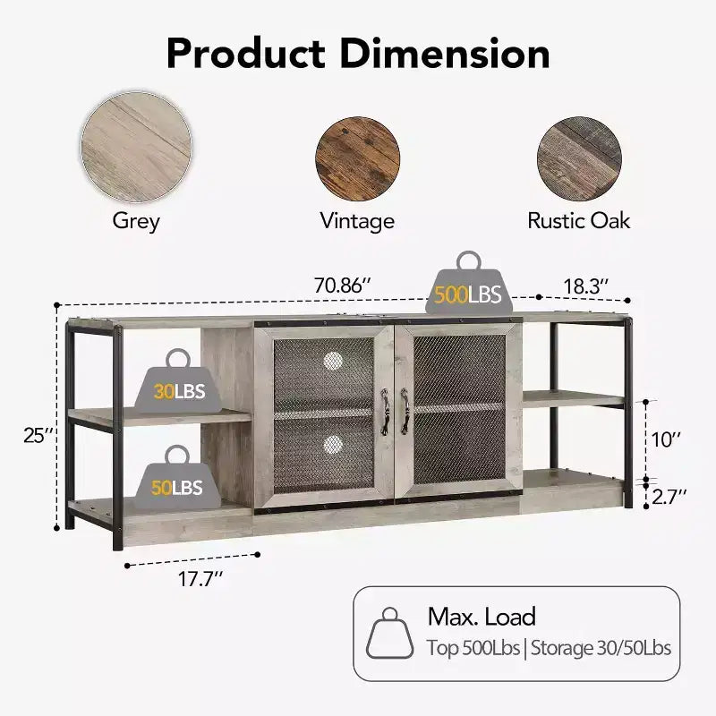 Industrial Farmhouse TV Console - 65+ Media Stand with Mesh Doors & Open Shelves for Living Room