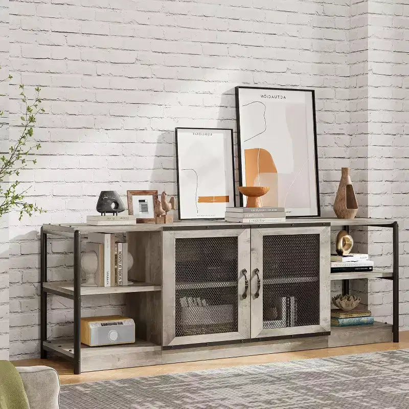 Industrial Farmhouse TV Console - 65+ Media Stand with Mesh Doors & Open Shelves for Living Room