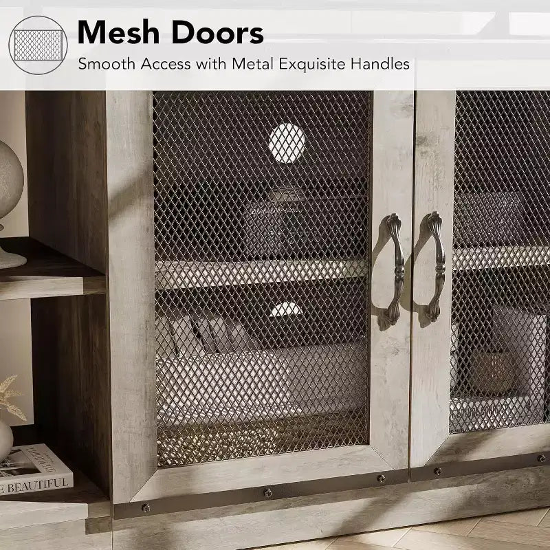 Industrial Farmhouse TV Console - 65+ Media Stand with Mesh Doors & Open Shelves for Living Room