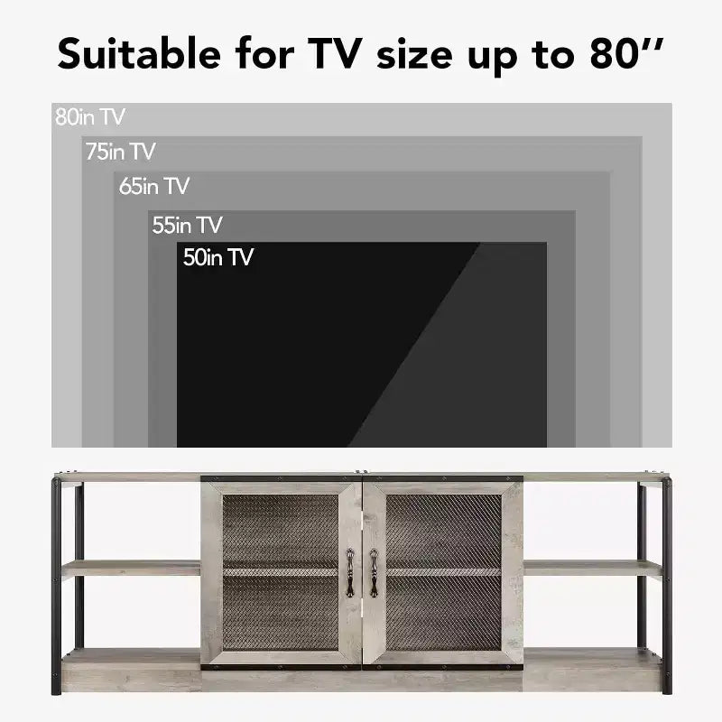 Industrial Farmhouse TV Console - 65+ Media Stand with Mesh Doors & Open Shelves for Living Room