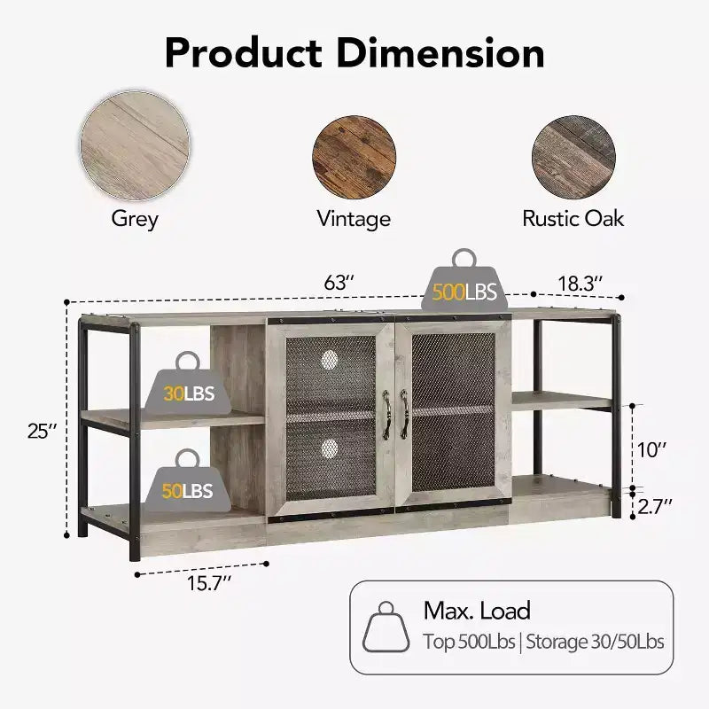 Industrial Farmhouse TV Console - 65+ Media Stand with Mesh Doors & Open Shelves for Living Room