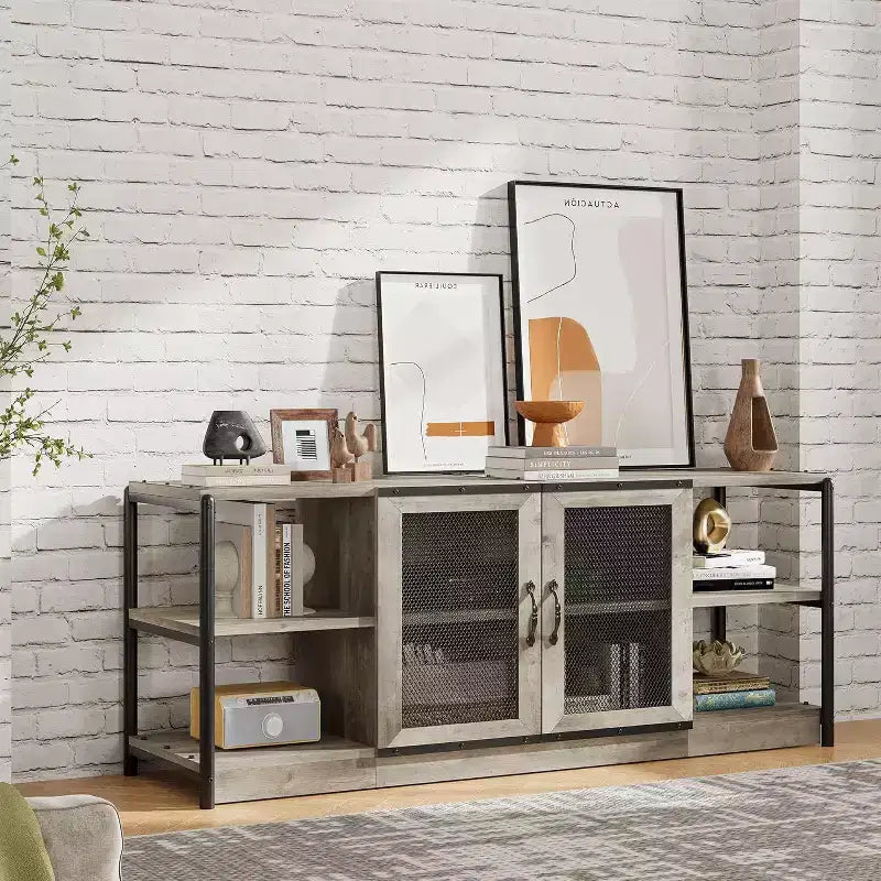 Industrial Farmhouse TV Console - 65+ Media Stand with Mesh Doors & Open Shelves for Living Room