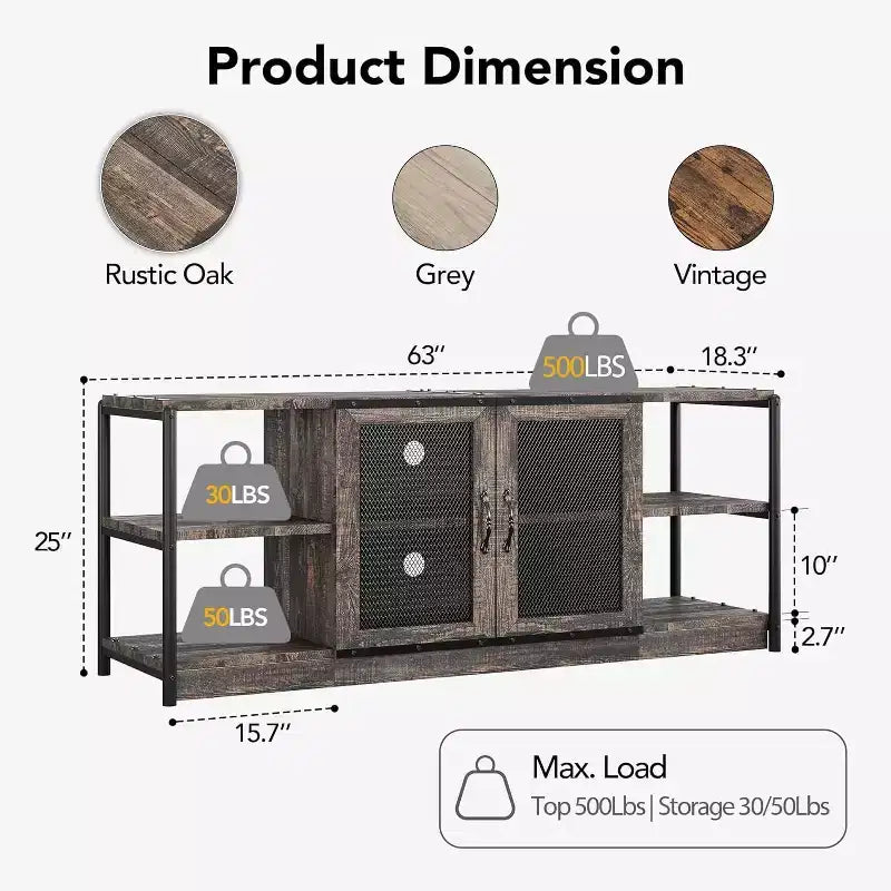 Industrial Farmhouse TV Console - 65+ Media Stand with Mesh Doors & Open Shelves for Living Room