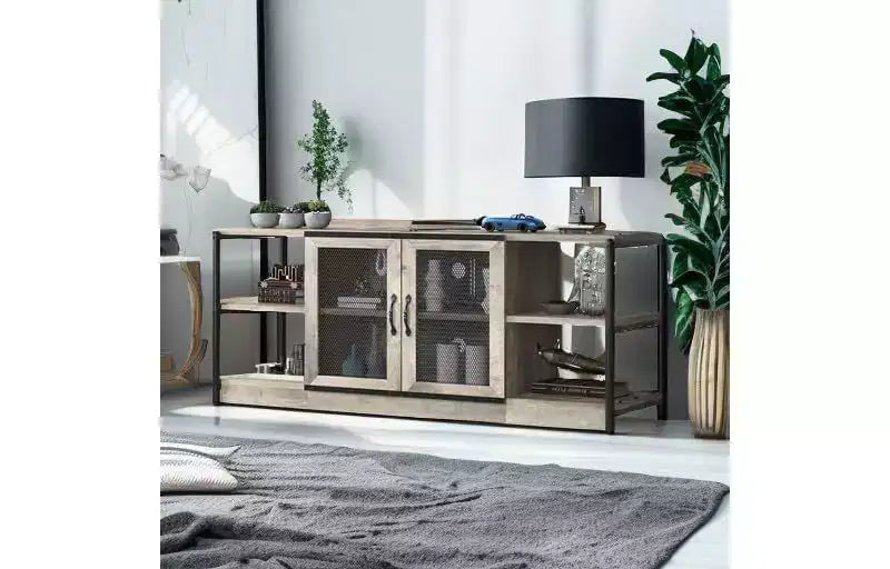 Industrial Farmhouse TV Console - 65+ Media Stand with Mesh Doors & Open Shelves for Living Room
