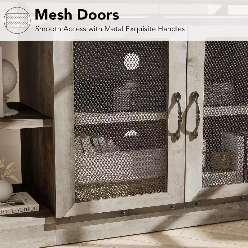 Industrial Farmhouse TV Console - 65+ Media Stand with Mesh Doors & Open Shelves for Living Room