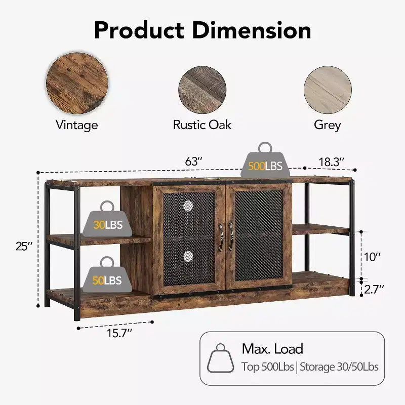 Industrial Farmhouse TV Console - 65+ Media Stand with Mesh Doors & Open Shelves for Living Room
