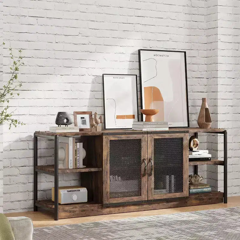 Industrial Farmhouse TV Console - 65+ Media Stand with Mesh Doors & Open Shelves for Living Room
