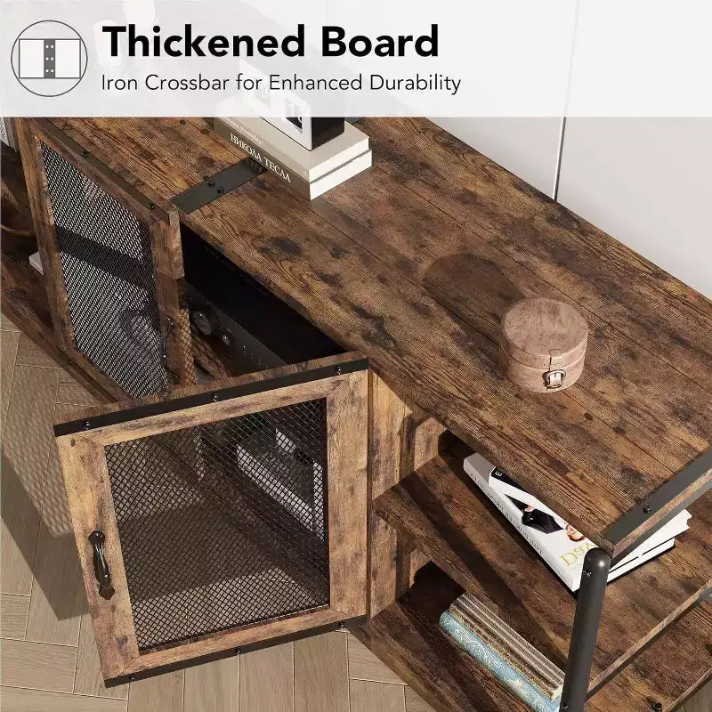 Industrial Farmhouse TV Console - 65+ Media Stand with Mesh Doors & Open Shelves for Living Room