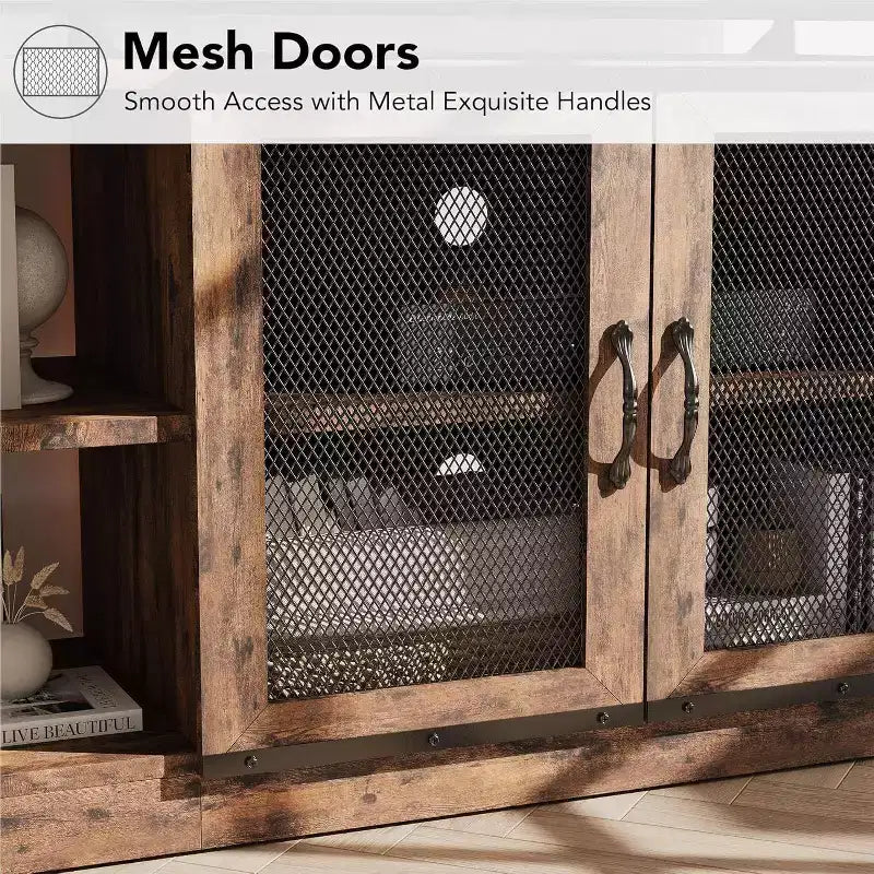 Industrial Farmhouse TV Console - 65+ Media Stand with Mesh Doors & Open Shelves for Living Room