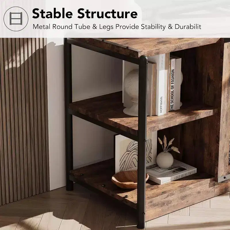 Industrial Farmhouse TV Console - 65+ Media Stand with Mesh Doors & Open Shelves for Living Room