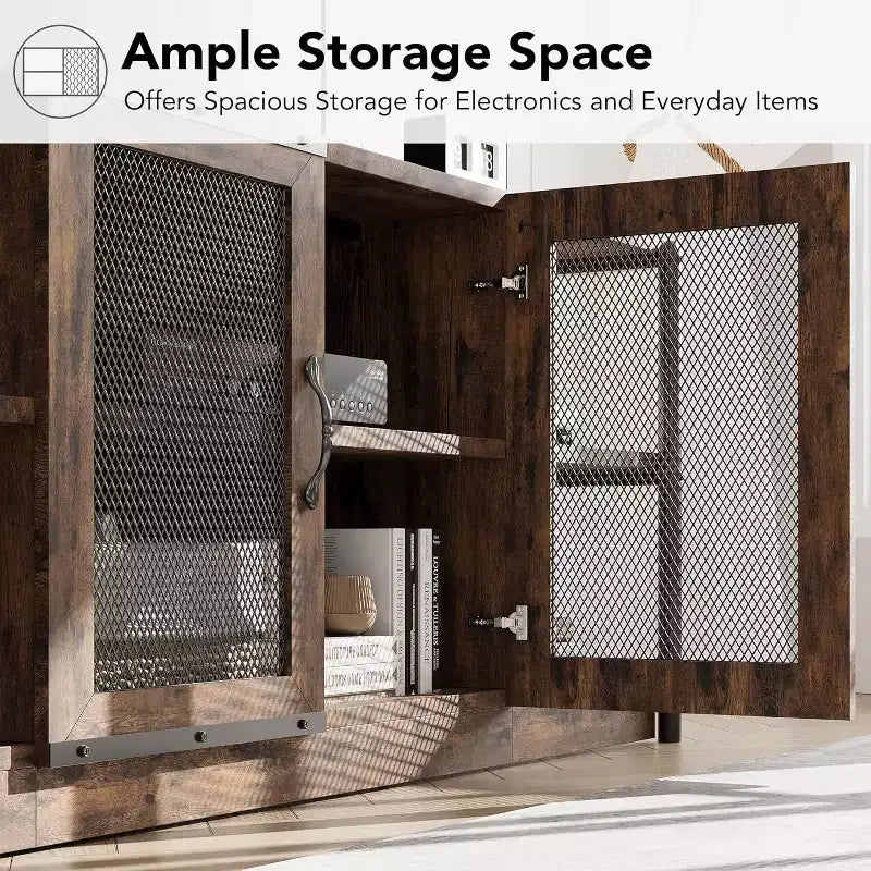 Industrial Farmhouse TV Console - 65+ Media Stand with Mesh Doors & Open Shelves for Living Room