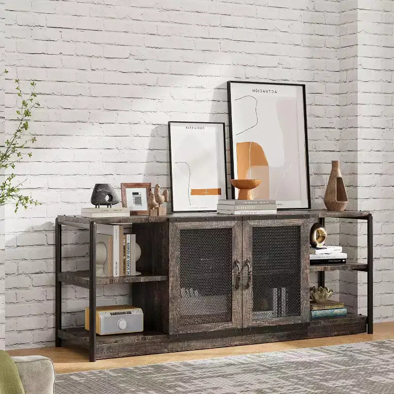 Industrial Farmhouse TV Console - 65+ Media Stand with Mesh Doors & Open Shelves for Living Room