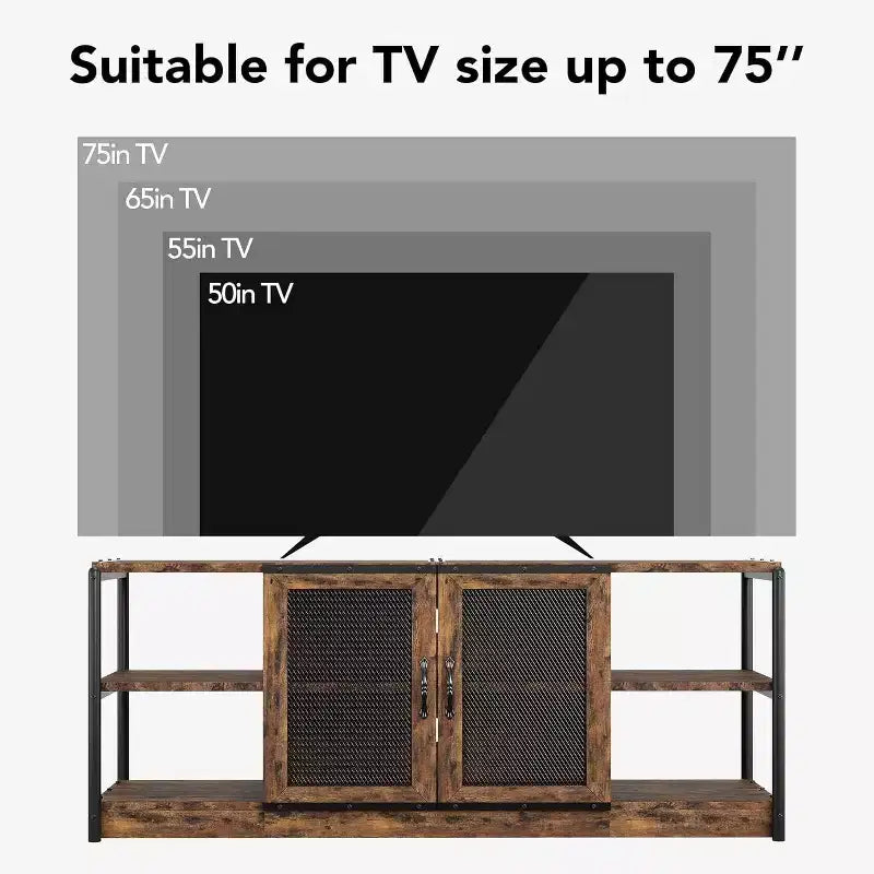 Industrial Farmhouse TV Console - 65+ Media Stand with Mesh Doors & Open Shelves for Living Room