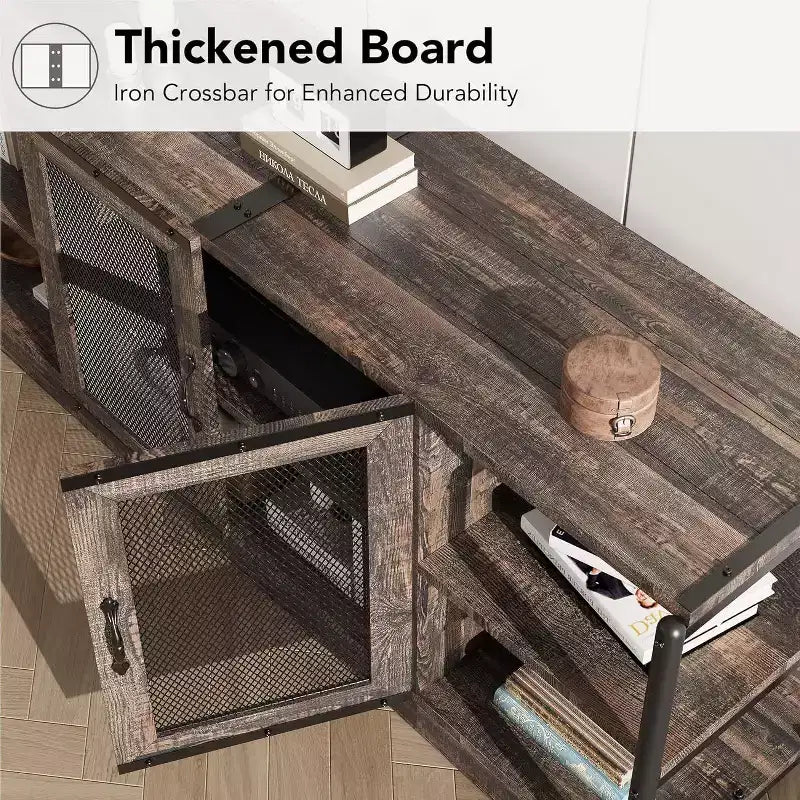 Industrial Farmhouse TV Console - 65+ Media Stand with Mesh Doors & Open Shelves for Living Room