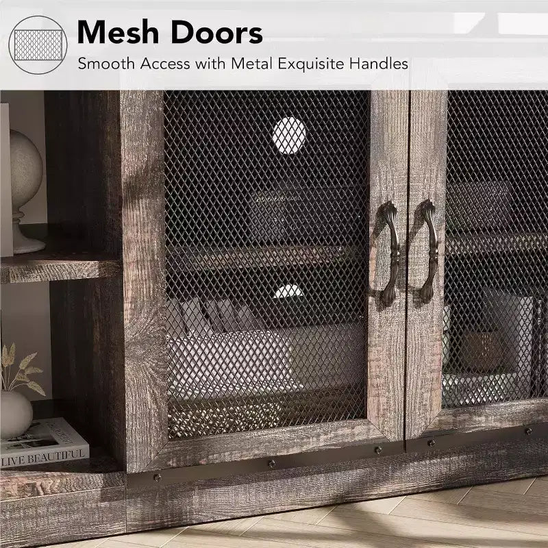 Industrial Farmhouse TV Console - 65+ Media Stand with Mesh Doors & Open Shelves for Living Room