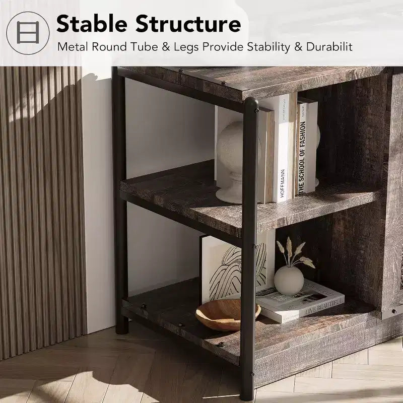 Industrial Farmhouse TV Console - 65+ Media Stand with Mesh Doors & Open Shelves for Living Room