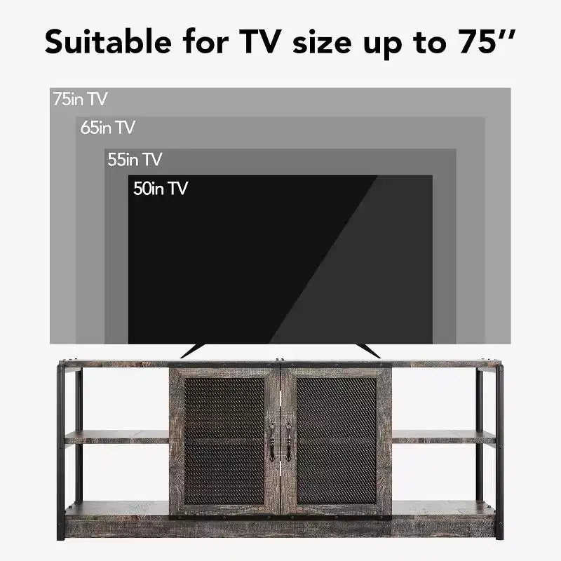 Industrial Farmhouse TV Console - 65+ Media Stand with Mesh Doors & Open Shelves for Living Room