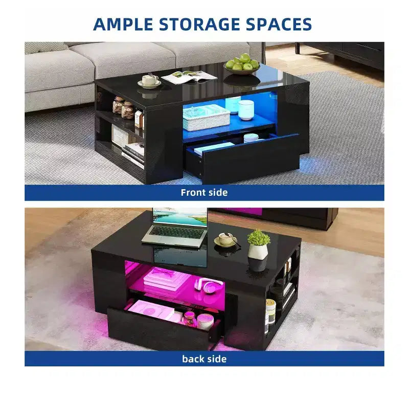 Modern Coffee Table For Living Room High Gloss LED Coffee Table Wood Center Table With 2 Sliding Drawers And Open Side Shelf