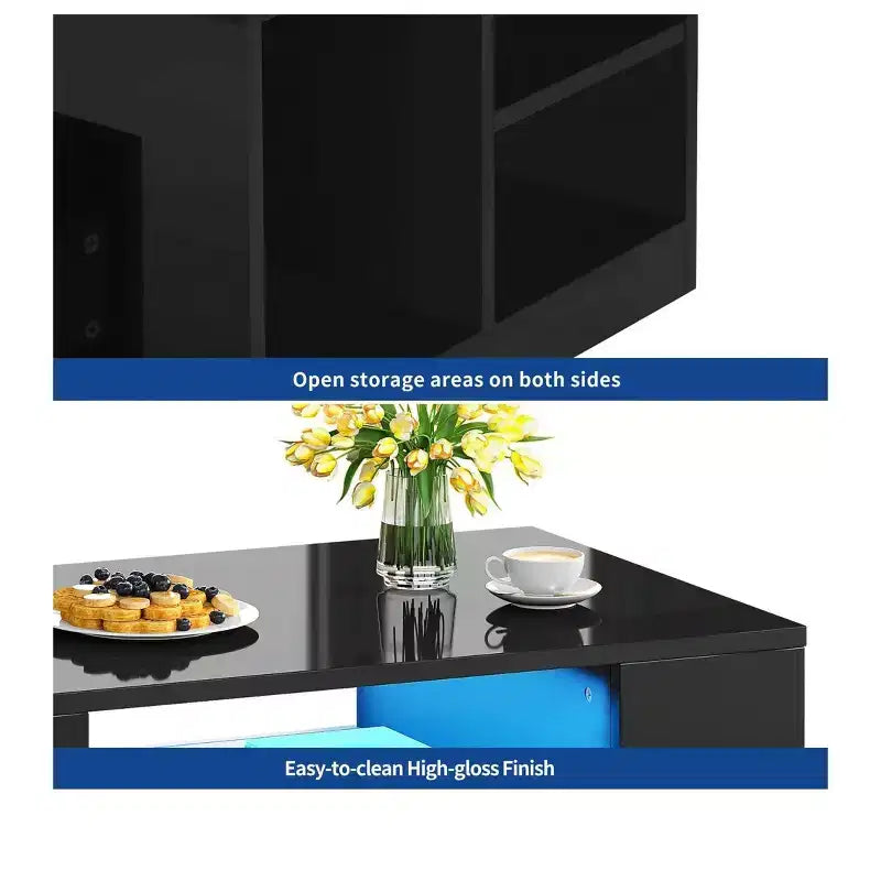 Modern Coffee Table For Living Room High Gloss LED Coffee Table Wood Center Table With 2 Sliding Drawers And Open Side Shelf