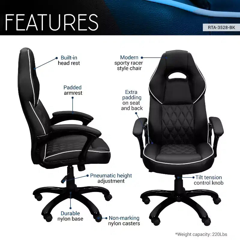 High-Back Gaming Chair with Padded Seat and Back, Executive Office Chair with Metal Base and Wheels, Desk Chair for Study, Reading Room, Black