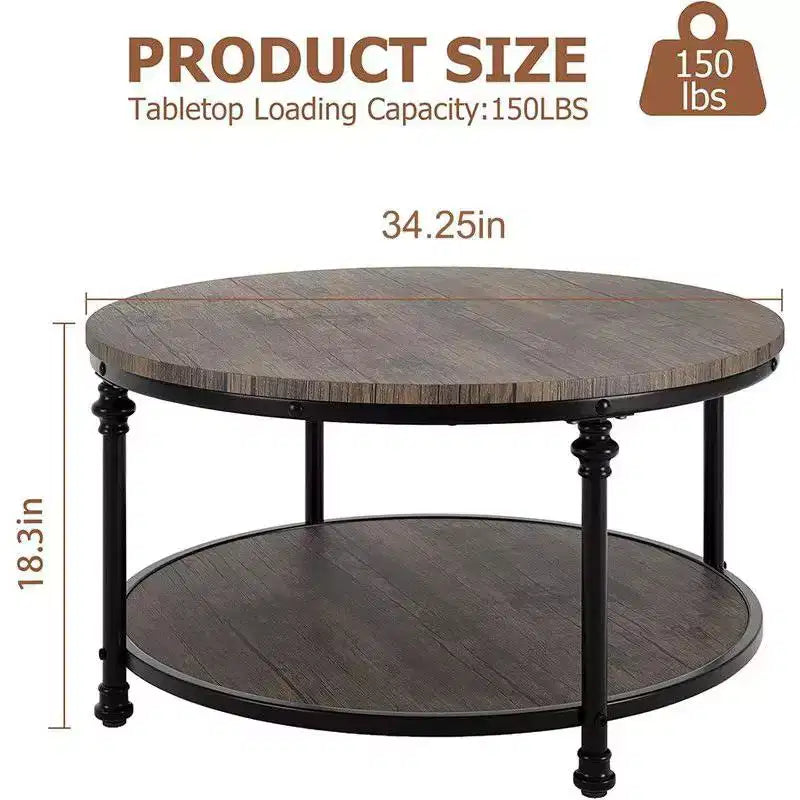 Round Coffee Table for Living Room Rustic Center Table with Storage Shelf Wood Circle Coffee Table with Sturdy Metal Legs