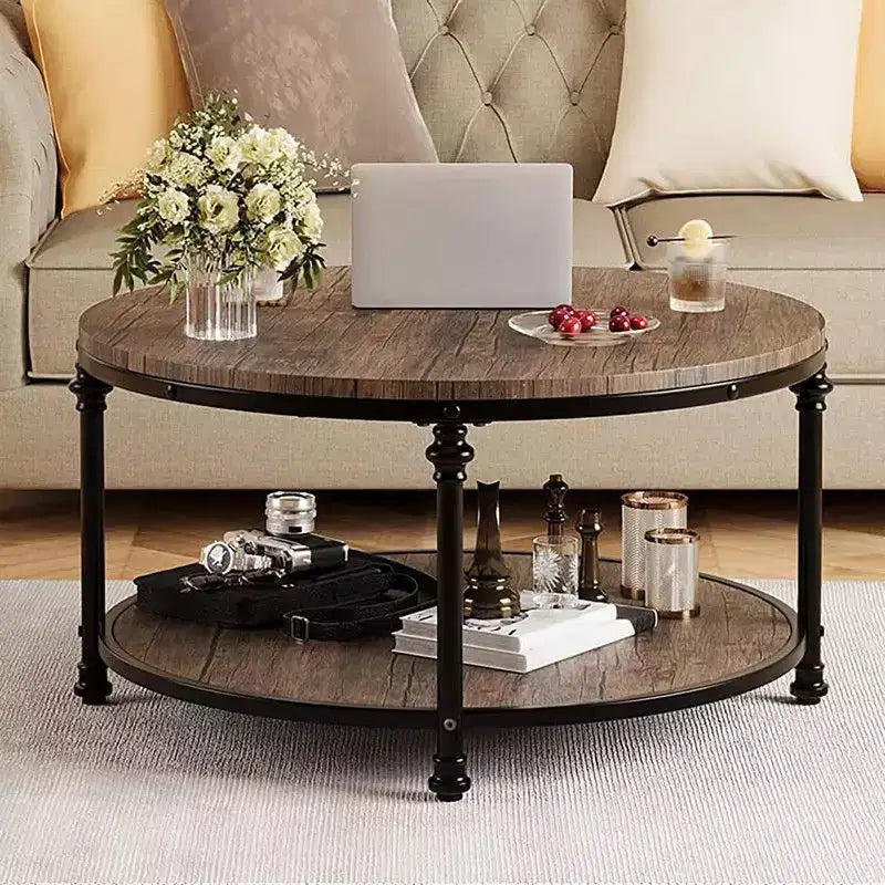 Round Coffee Table for Living Room Rustic Center Table with Storage Shelf Wood Circle Coffee Table with Sturdy Metal Legs