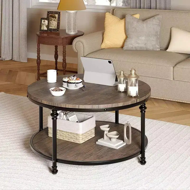 Round Coffee Table for Living Room Rustic Center Table with Storage Shelf Wood Circle Coffee Table with Sturdy Metal Legs
