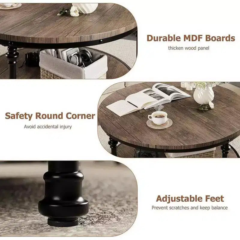 Round Coffee Table for Living Room Rustic Center Table with Storage Shelf Wood Circle Coffee Table with Sturdy Metal Legs